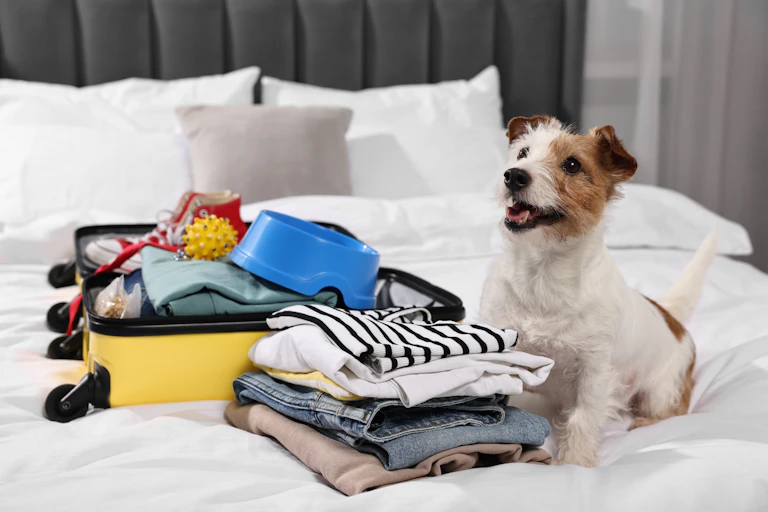 Chien devant sa valise de vacances.