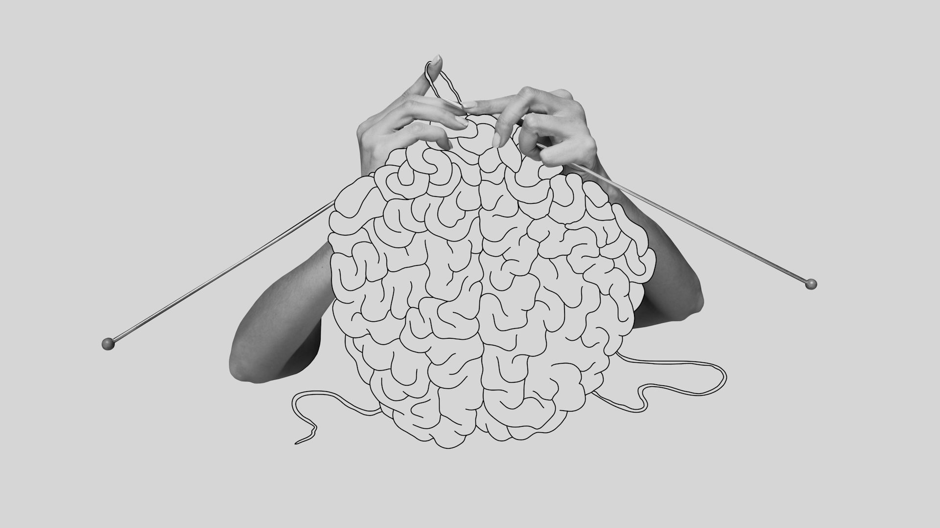 Black and white image of hands knitting a human brain