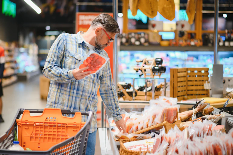 Un homme choisit de la charcuterie sous vide dans un supermarché.