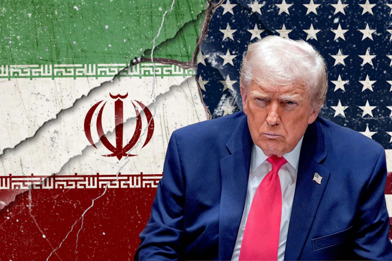 Donald Trump in thought against Iranian and US flags.
