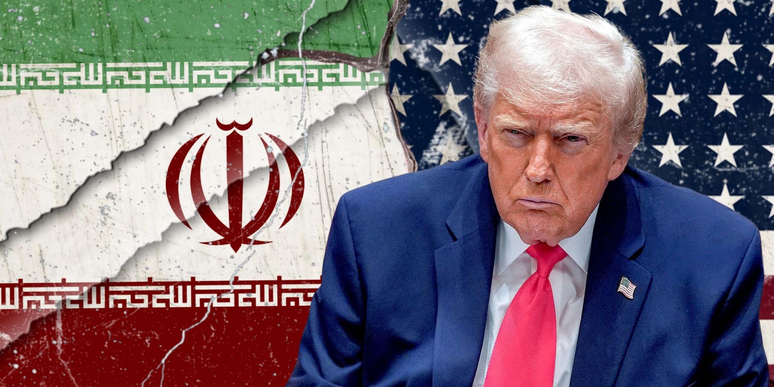 Donald Trump in thought against Iranian and US flags.