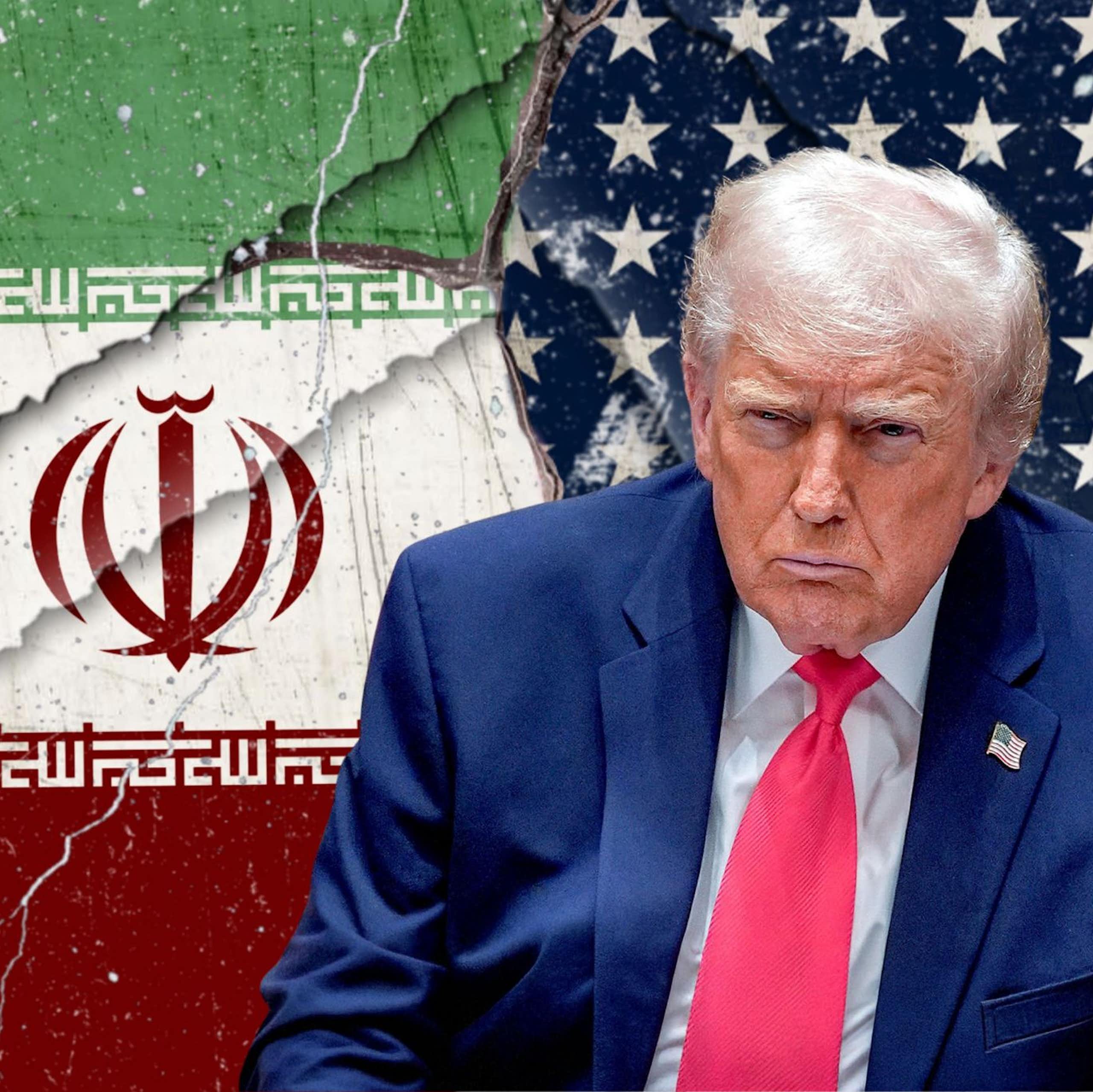 Donald Trump in thought against Iranian and US flags.