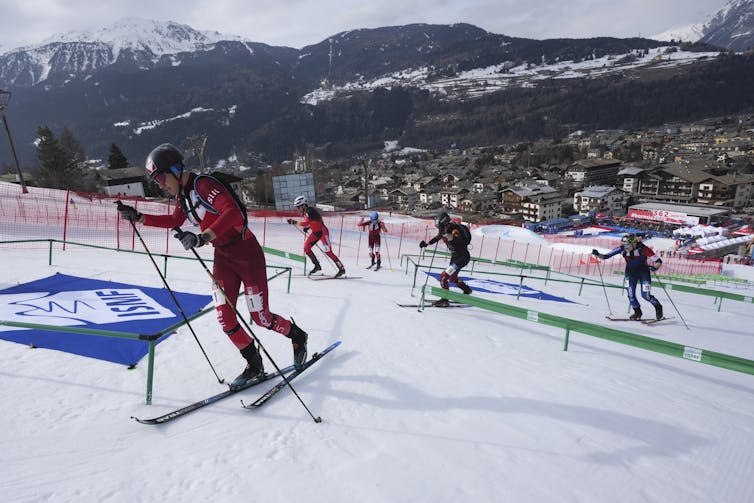 Ski mountaineering competitors ski up a snowy hill marked with banners.