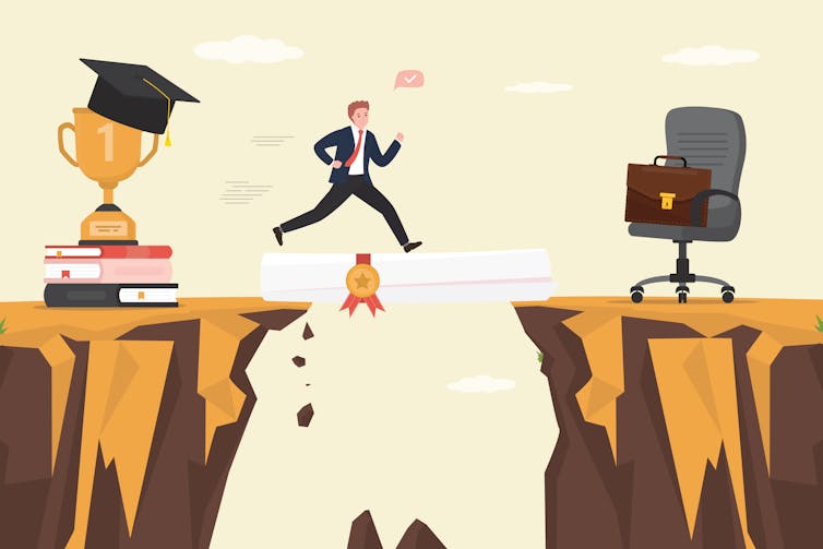 Les petites entreprises déclarent qu'elles ne prévoient pas d'embaucher beaucoup de jeunes diplômés pour des emplois de premier échelon. Voici pourquoi 1 Une image de dessin animé montre un homme marchant entre deux falaises et se dirigeant vers une chaise de bureau avec une mallette.