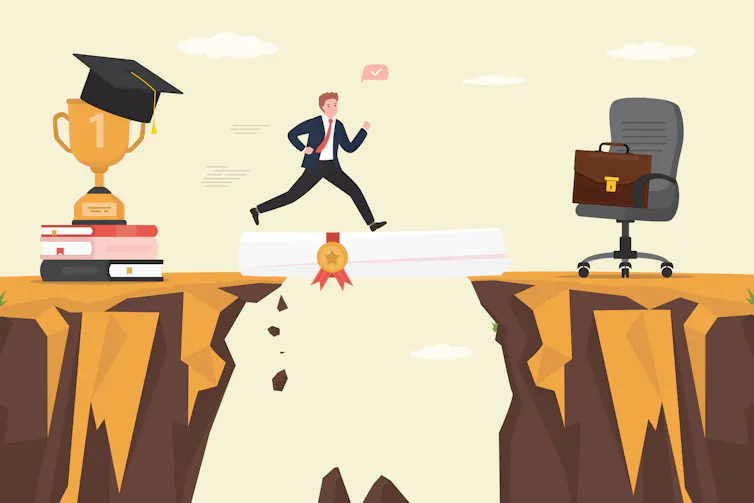 A cartoon image shows a man walking between two cliffs and heading toward an office chair with briefcase.