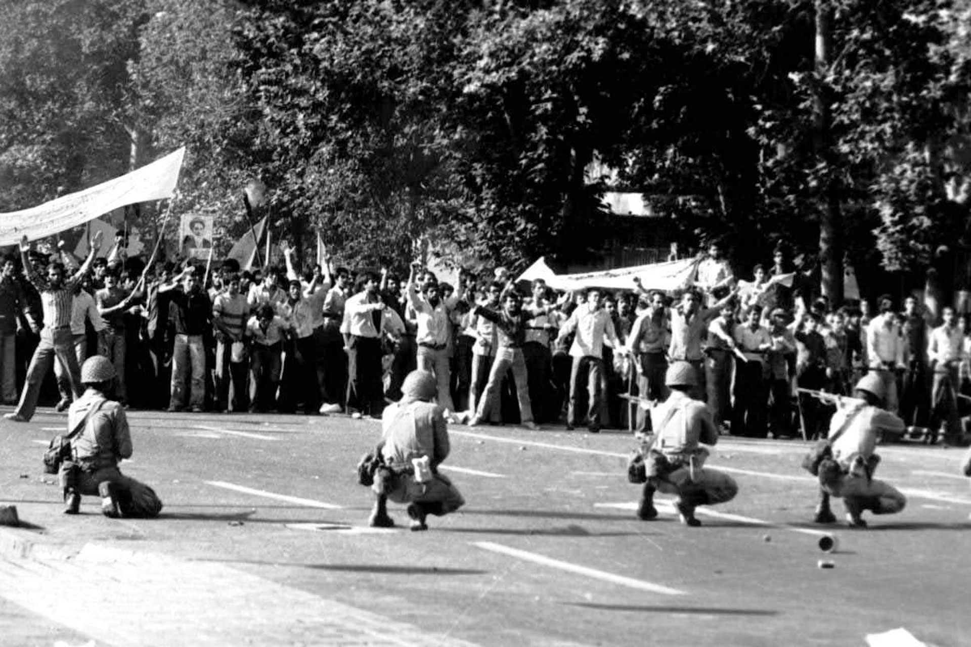Demonstrators face off against the shah-backed military during the Black Friday protest (September 8, 1978).