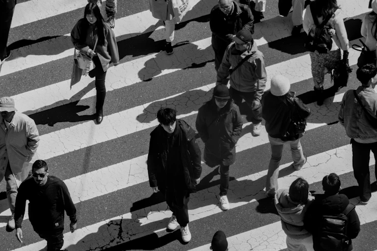 Black and white aerial image of people walking on a pedestrian crossing.
