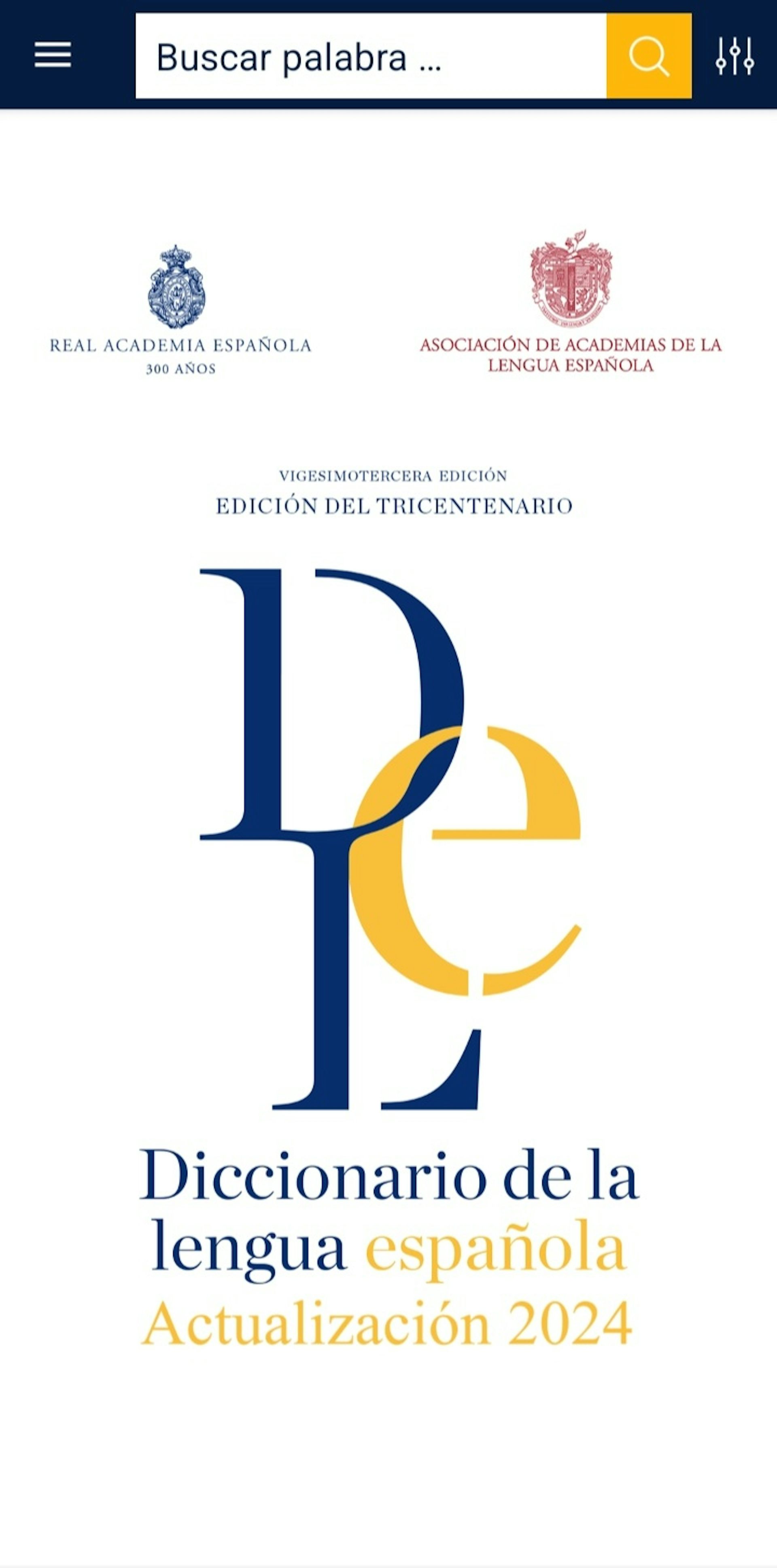 A screenshot of the initial interface of the _Diccionario de la lengua espanol_ application for smartphones.