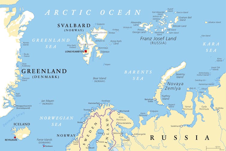 Map of the Arctic region showing Greenland (Denmark), Svalbard (Norway) and Franz Josef Land (Russia).