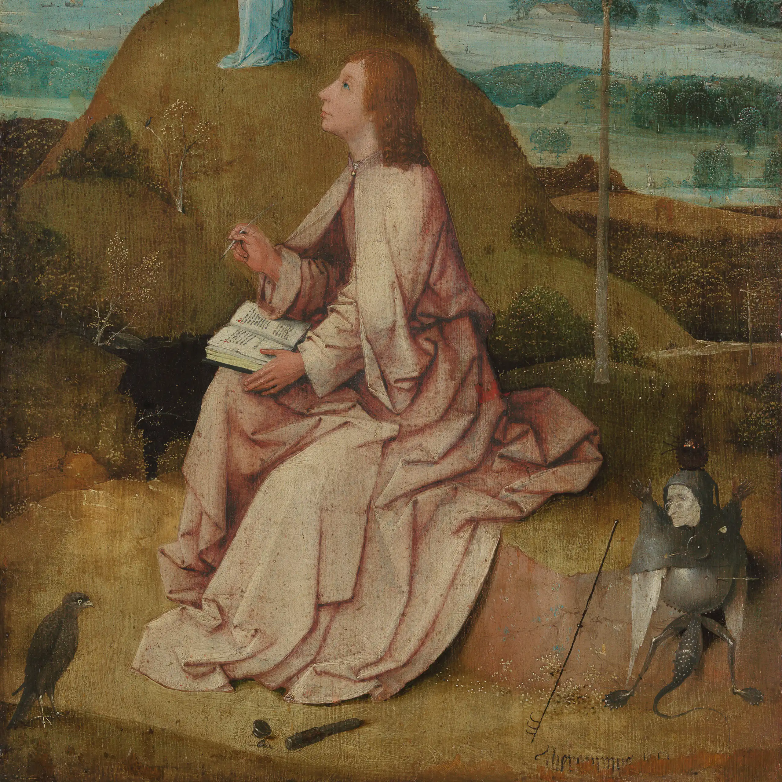 Cuadro en el que san Juan escribe mientras un diablillo le mira desde abajo.