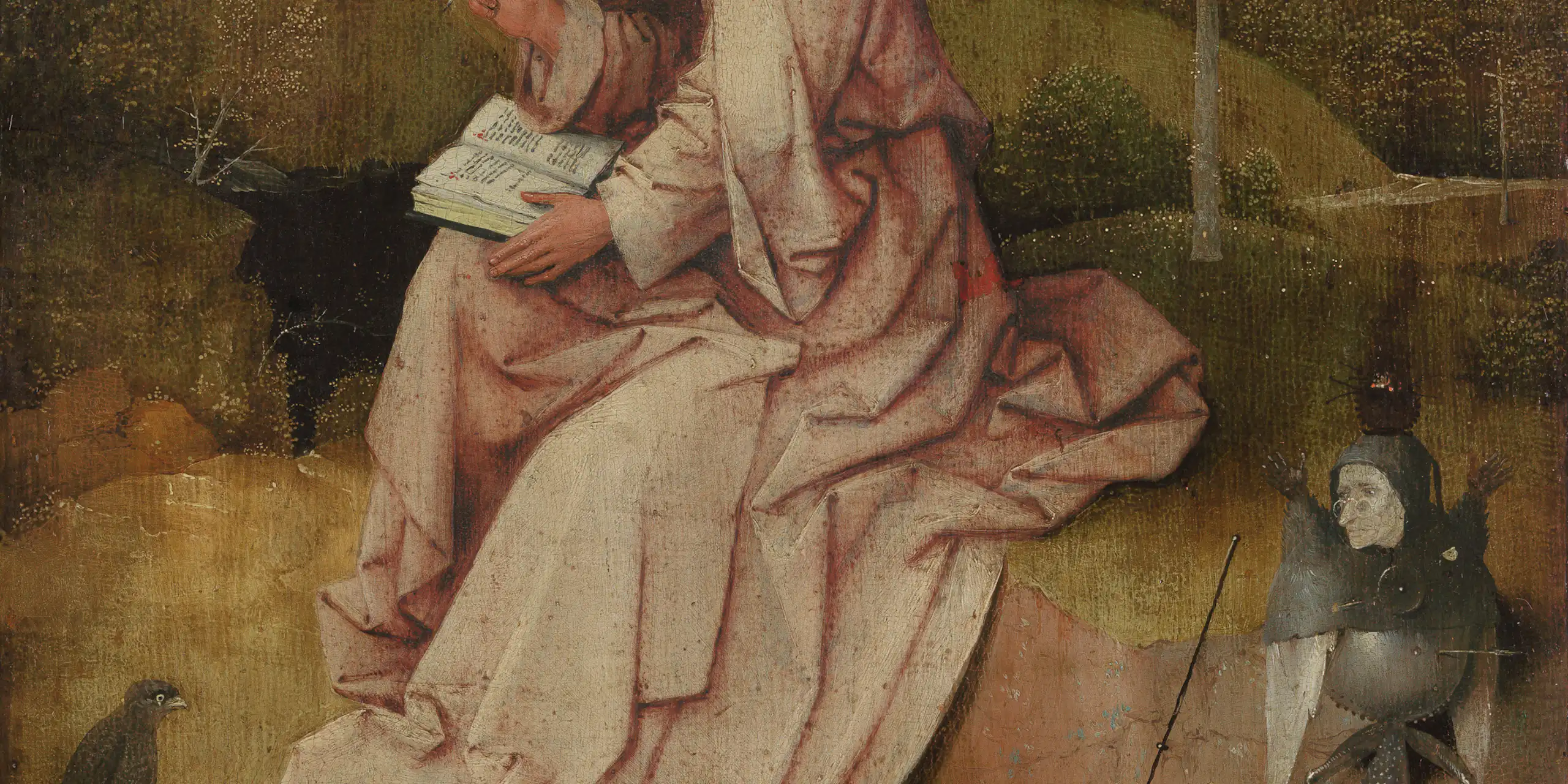 Cuadro en el que san Juan escribe mientras un diablillo le mira desde abajo.