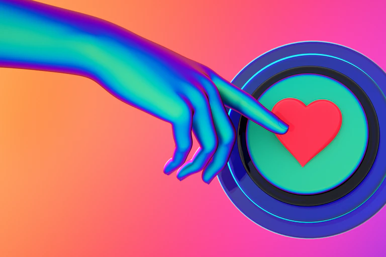 Colorful illustration of a finger pushing a button with a red heart symbol on it.