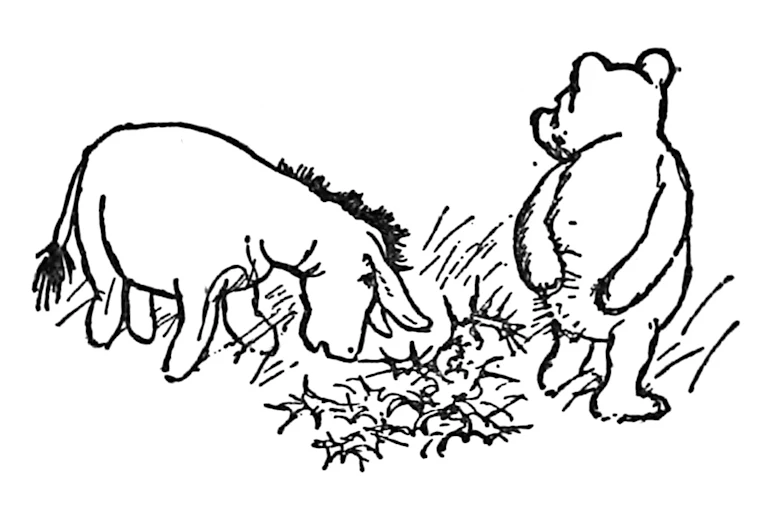 A black and white line drawing of A.A Milne's WInnie-the-Pooh and Eeyore characters.