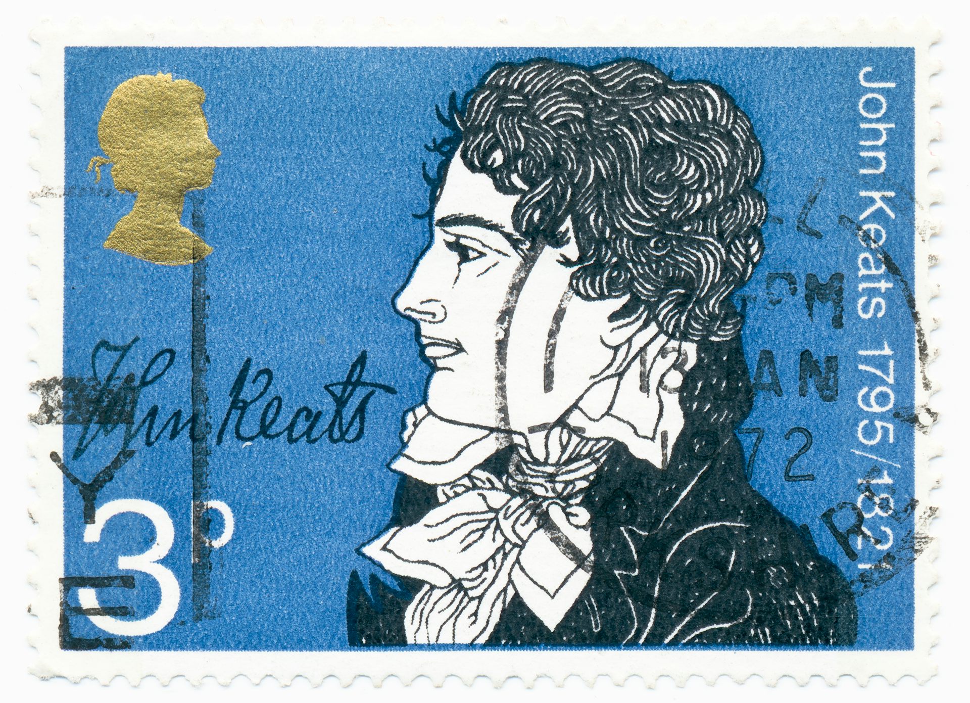 A stamp bearing the illustrated face of a young man in19th-century attire.