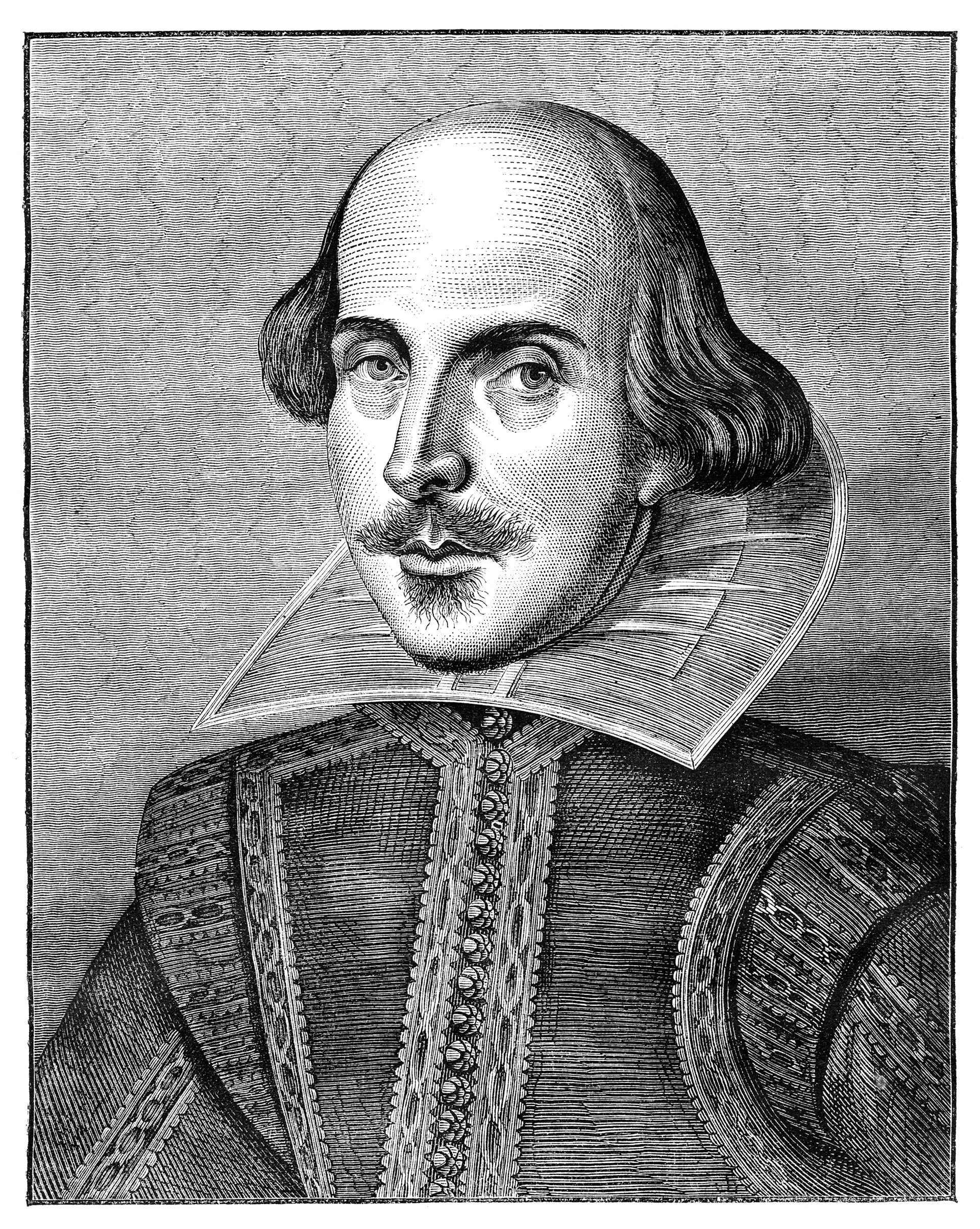 An engraving of William Shakespeare.