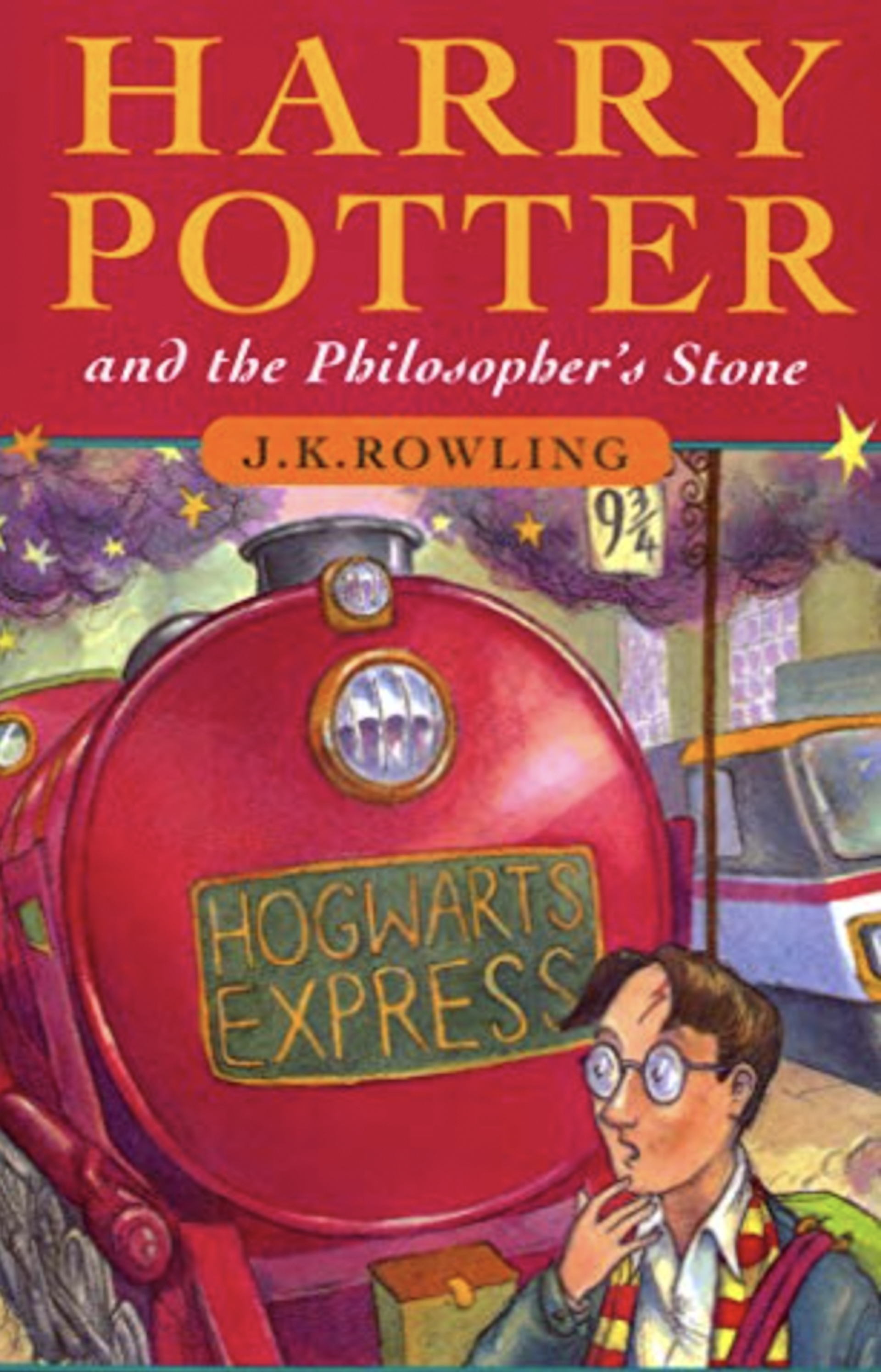 The ilustrated cover of Harry Potter and the Philosopher's Stone.