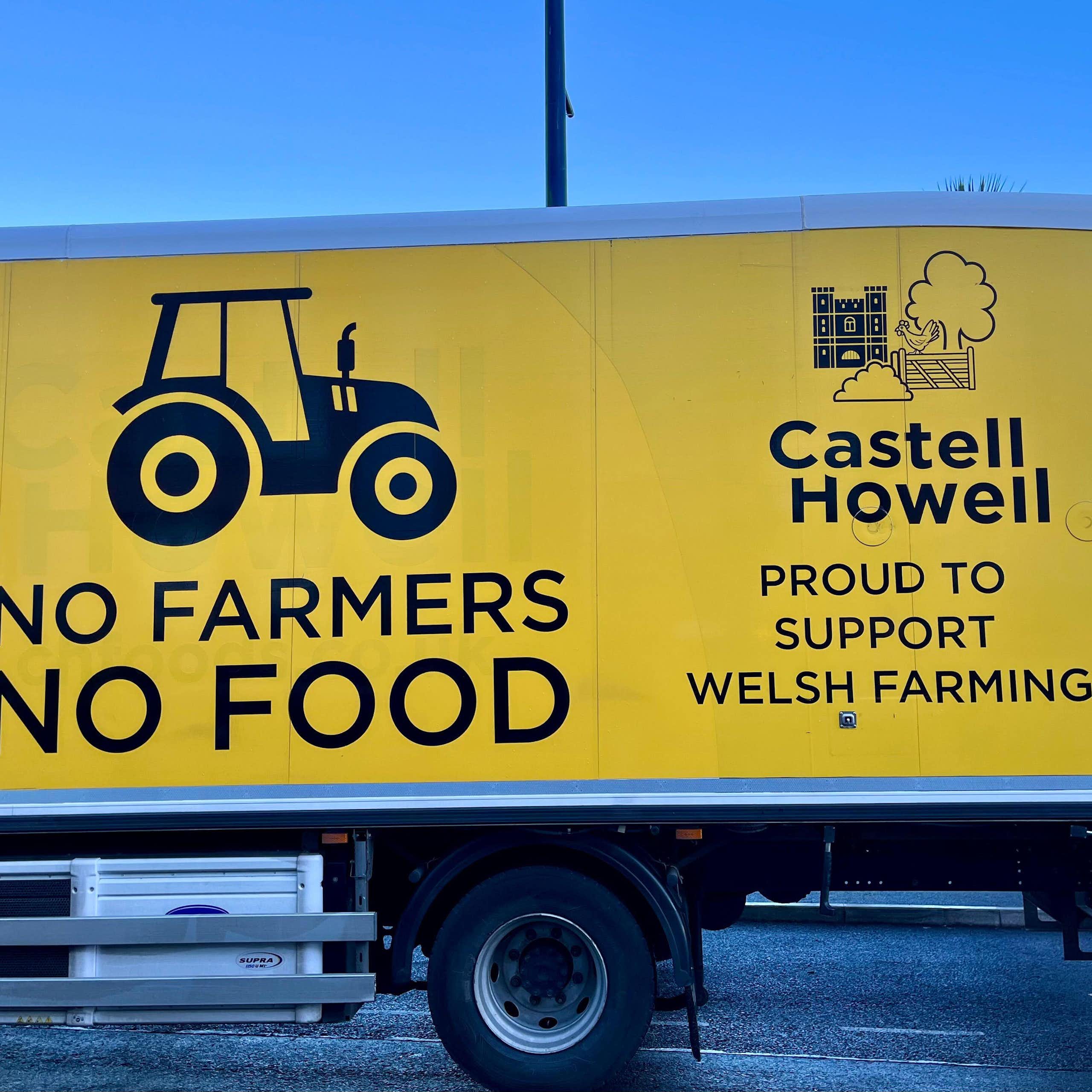 A lorry carrying a slogan about a Welsh farmers protest parked in Swansea, Wales.