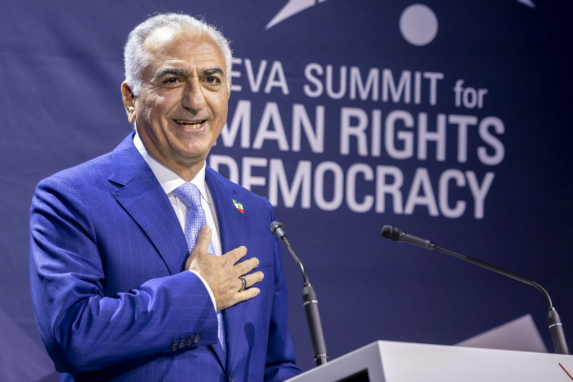 Iran's exiled crown prince, Reza Pahlavi speaking at a cnference in Geneva, February 2025.