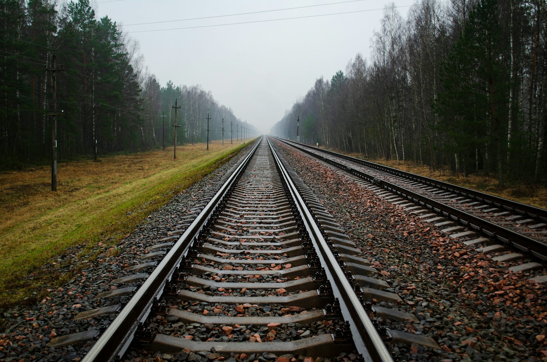 Railway track stretches ahead to horizon.