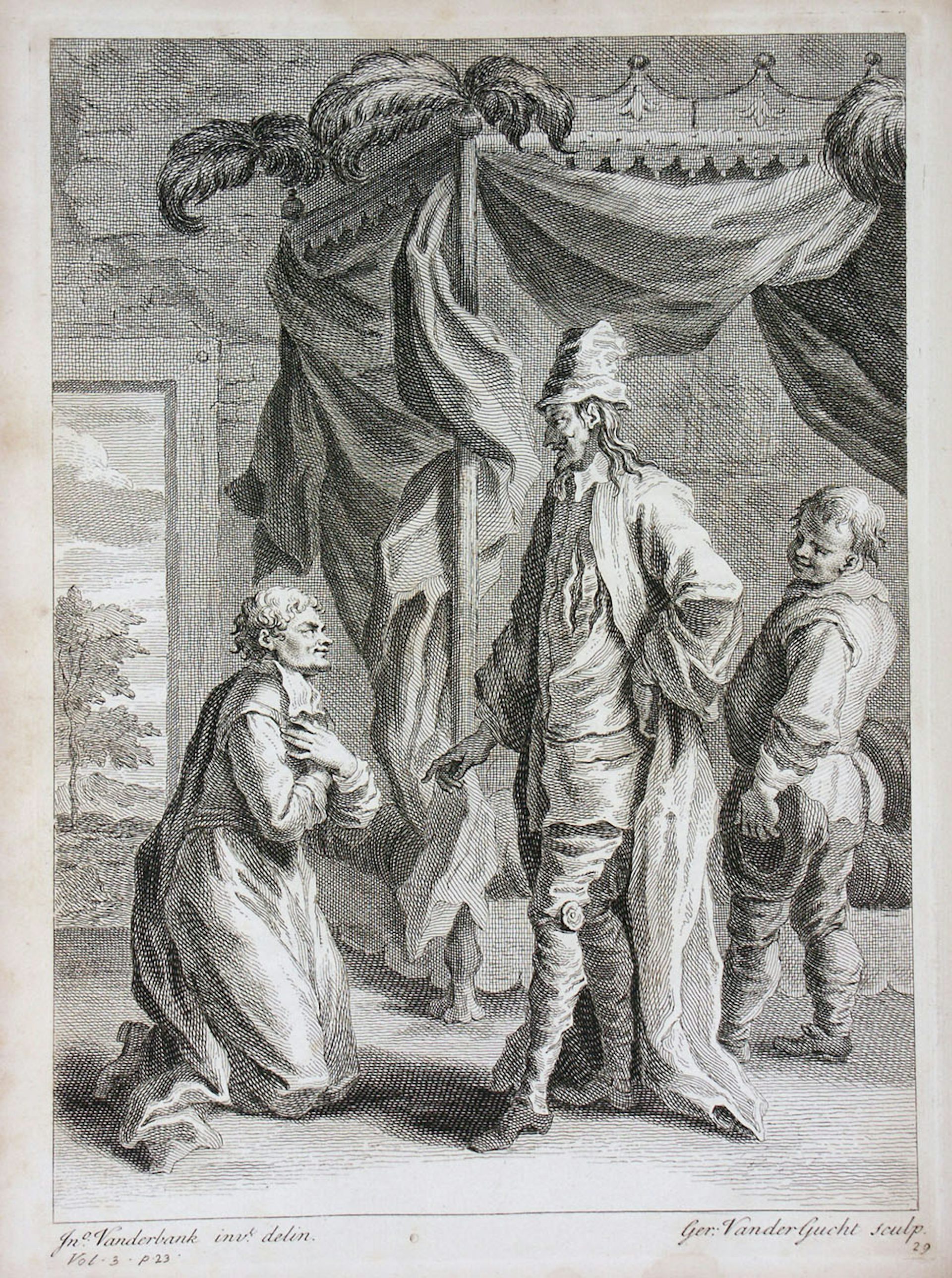 Drawing of a man kneeling in front of another, while the other looks at them.