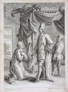 The donkey that comes and is going: Cervantes' repeated mistake in 'Don Quixote' 1 Drawing of a man kneeling in front of another, while the other looks at them.