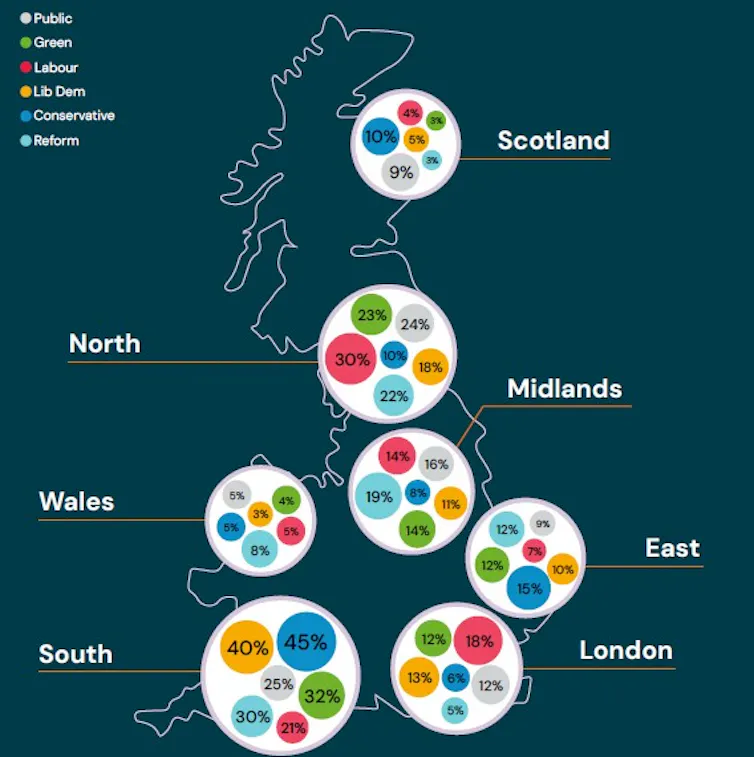 A map showing how party membership breaks down across the country for each party.