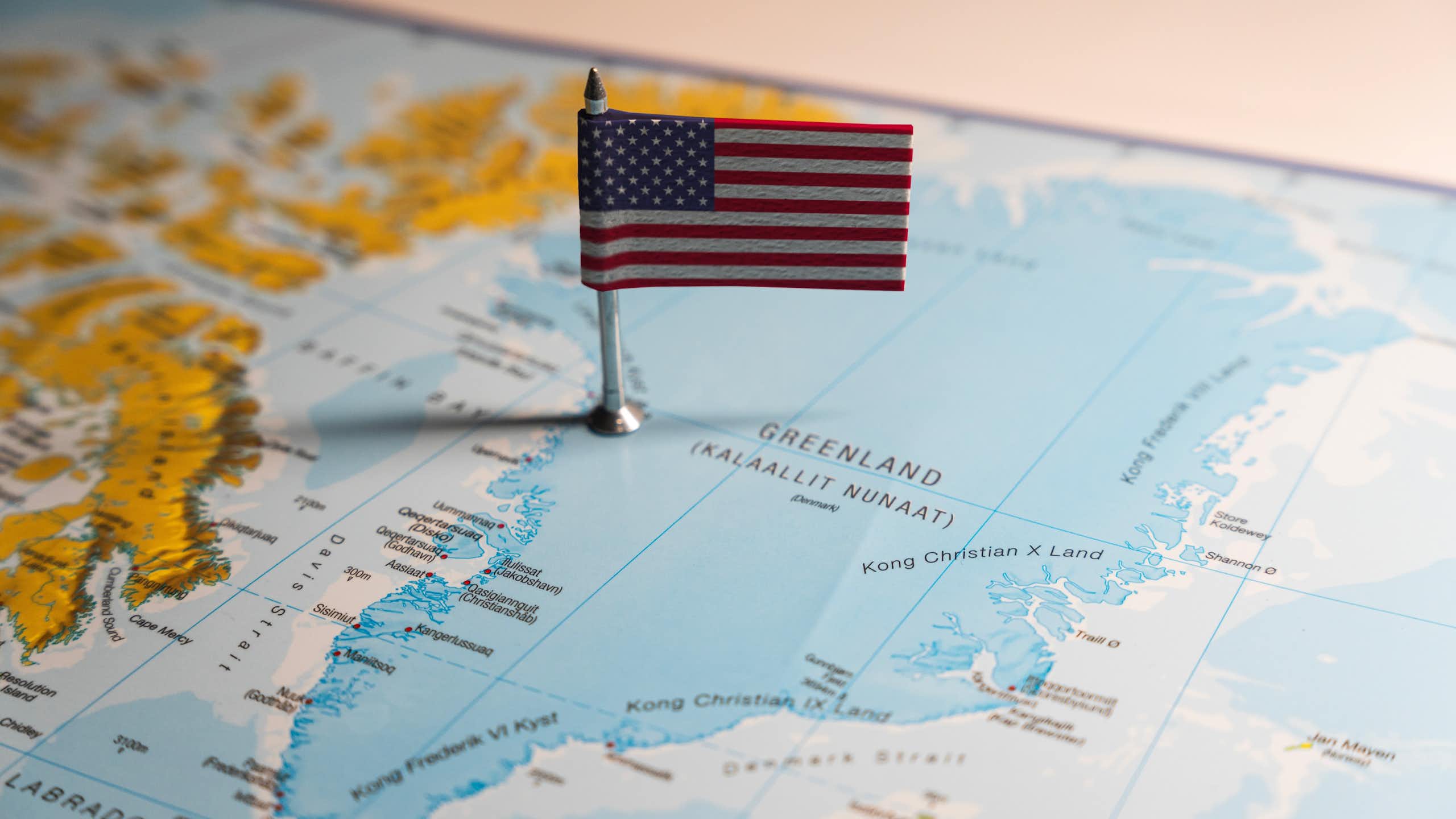 American flag on Greenland on a map