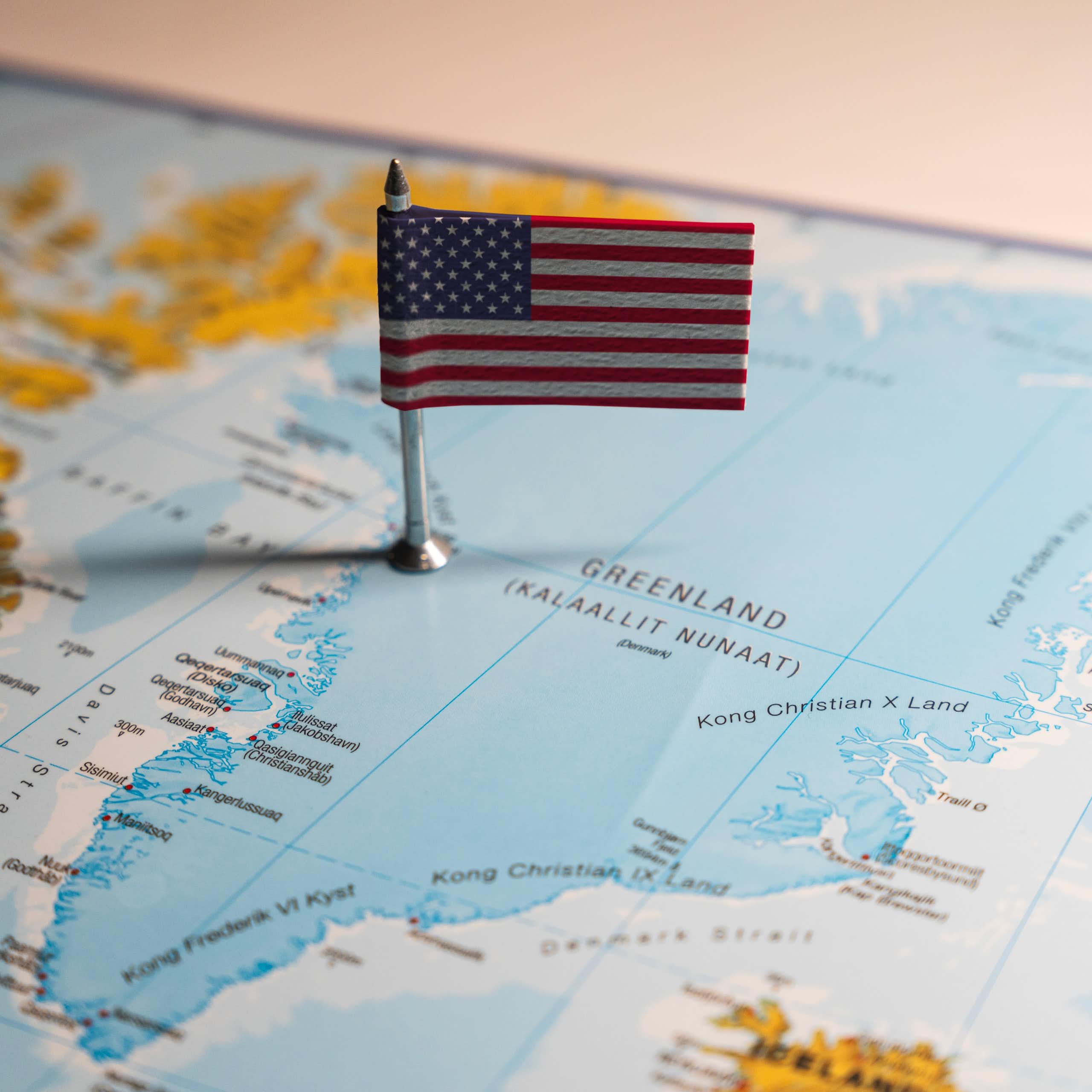 American flag on Greenland on a map