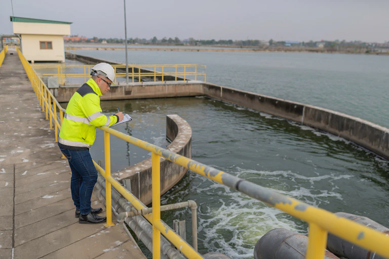 Un operario toma anotaciones junto a un depósito de agua.