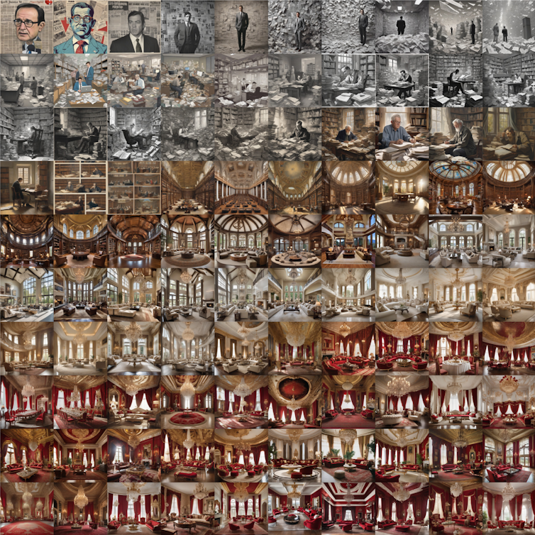 A collage of AI-generated images that begins with a politician surrounded by policy papers and progresses to a room with fancy red curtains.