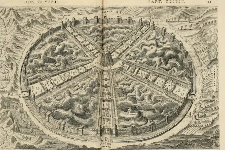 Illustration en noir et blanc d'une ville imaginaire.