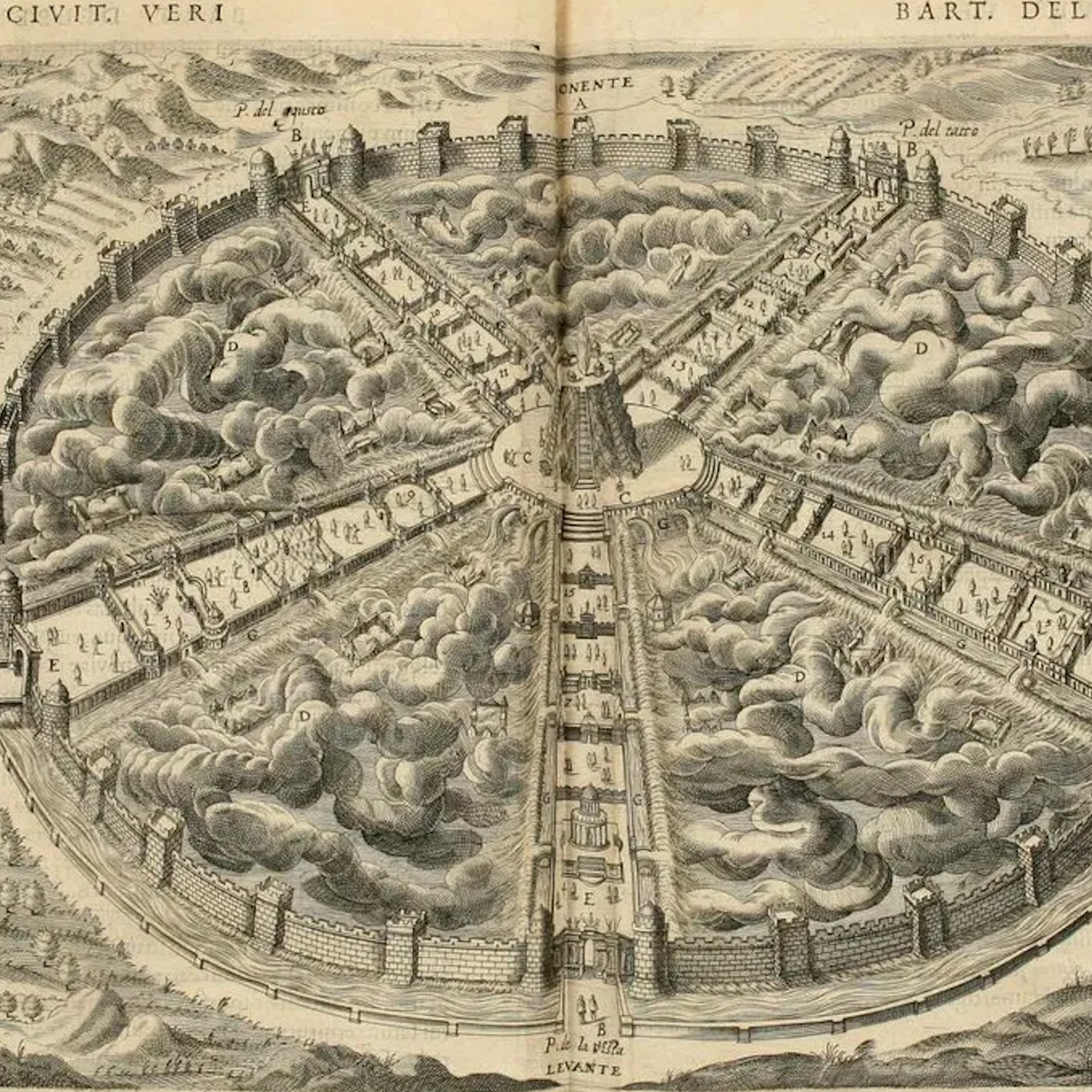 Illustration en noir et blanc d'une ville imaginaire.