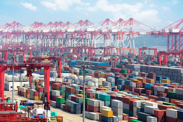 containers lined up on the dockside at a port in shanghai, china