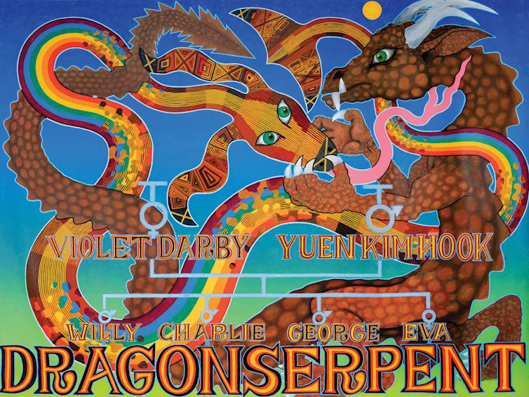 Painting: a Chinese dragon and a rainbow serpent.