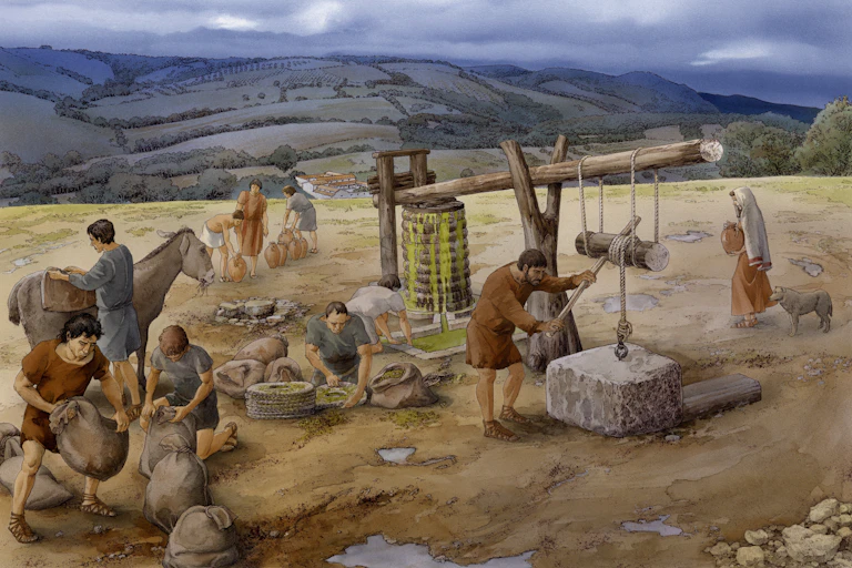 A large press creates olive oil, surrounded by many workers.
