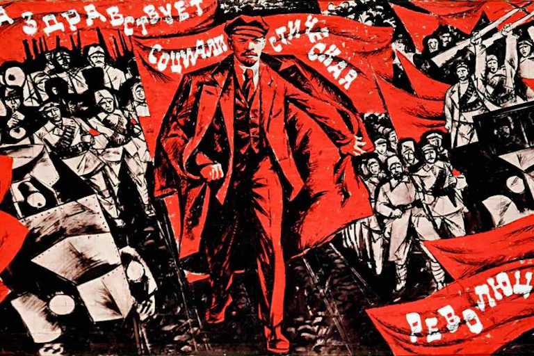 Affiche de propagande soviétique montrant Lenine au premier plan