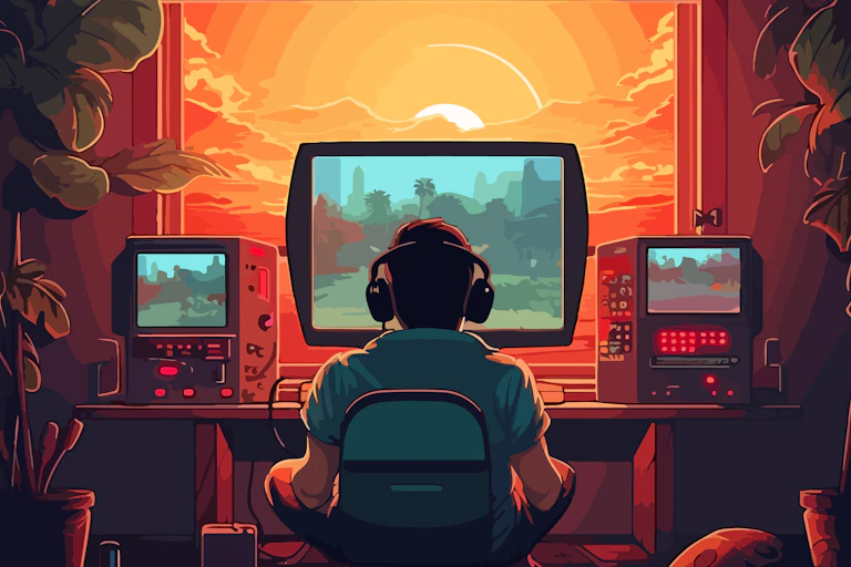 Illustration of a person playing video games at sunset