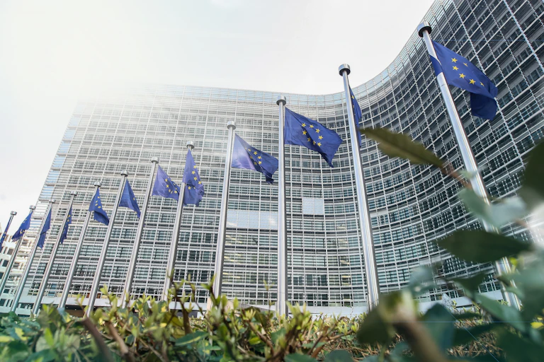 exterior shot of eu flags flying outside the european parliament building