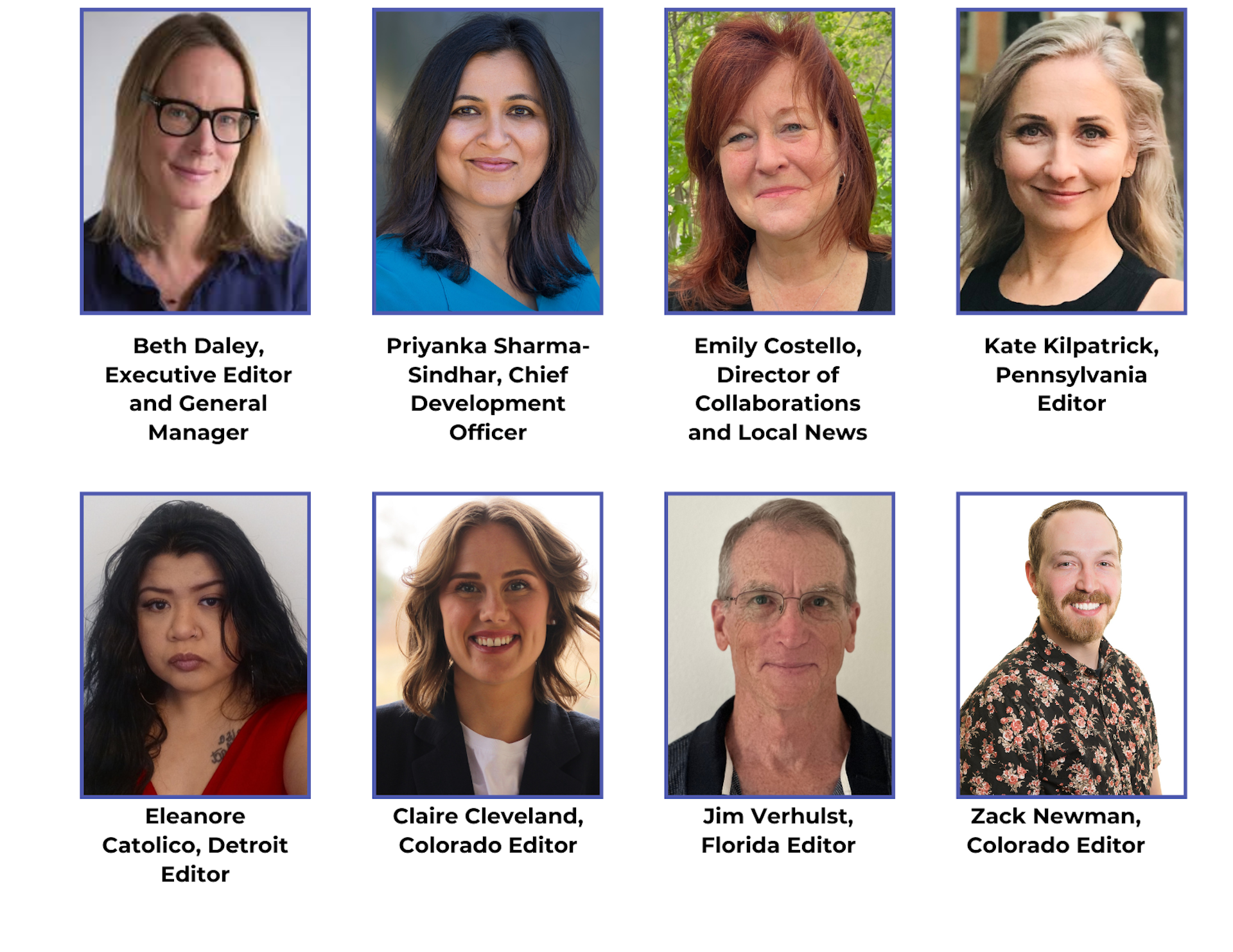 Headshots for Beth Daley, Priyanka Sharma-Sindhar, Emily Costello, Kate Kilpatrick, Eleanore Catolico, Claire Cleveland, Jim Verhulst and Zack Newman