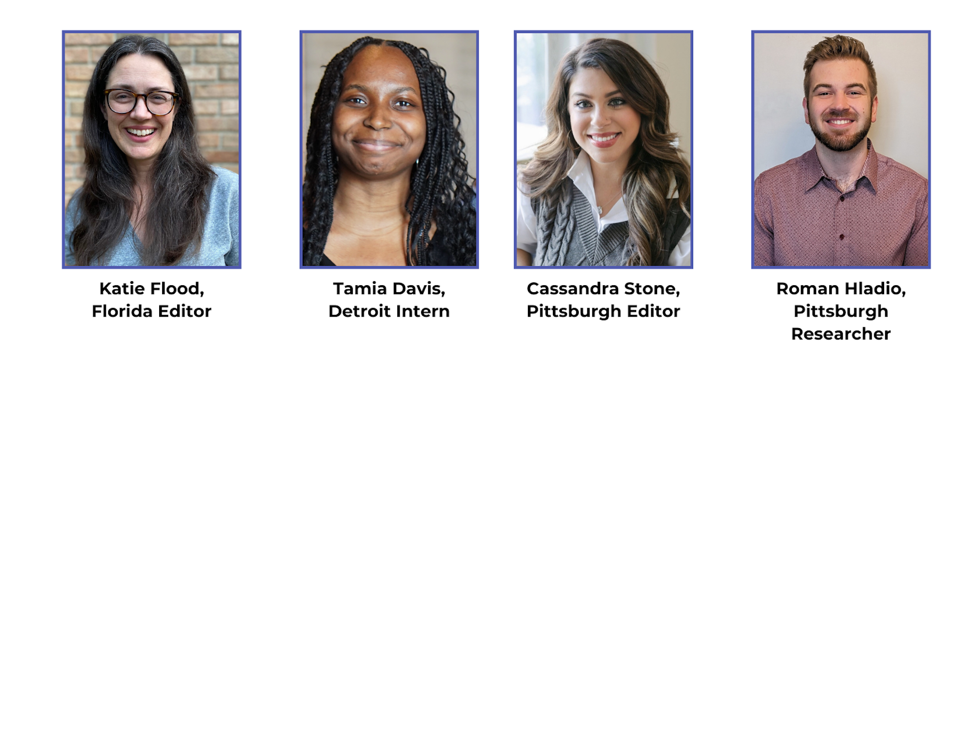 Headshot for Katie Flood, Tamia Davis, Cassandra Stone and Roman Hladio