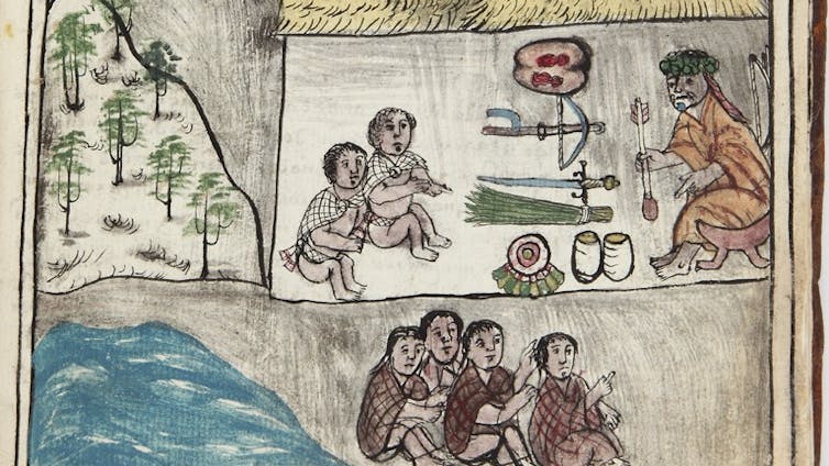 El colapso del imperio azteca muestra por qué fracasa el gobierno mediante la coerción y la fuerza 1 Ilustración que muestra a los enviados aztecas presentando armas españolas al rey tarasiático.