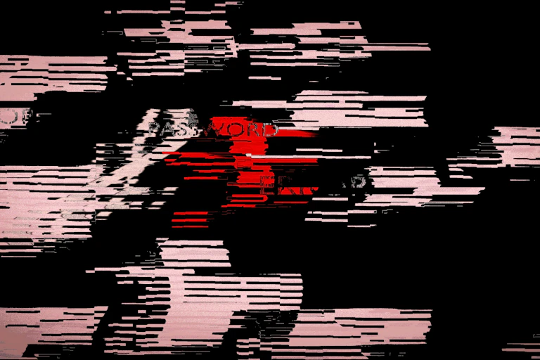 Abstract computer glitch art with red and white lines