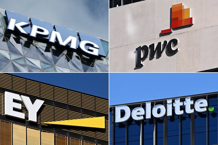 A composite showing logo signage for KPMG, pwc, EY and Deloitte