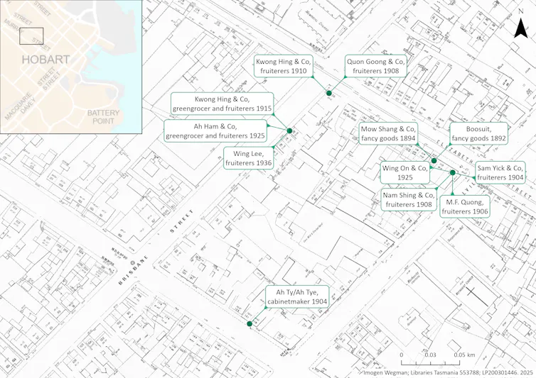 A map shows five points on a city block. Four have multiple names and dates attached as the business changed hands.