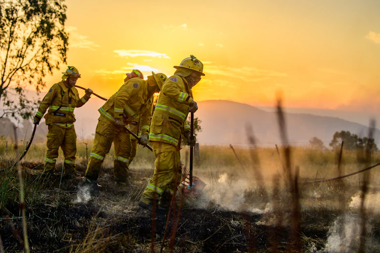 Four firefighters in protective gear rake over burned ground. The sky glows yellow.