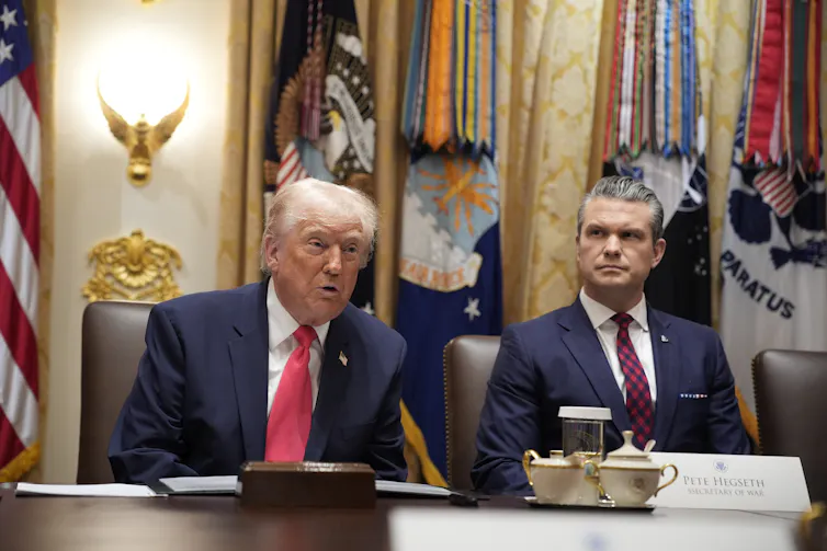 Donald Trump and Pete Hegseth address the media.