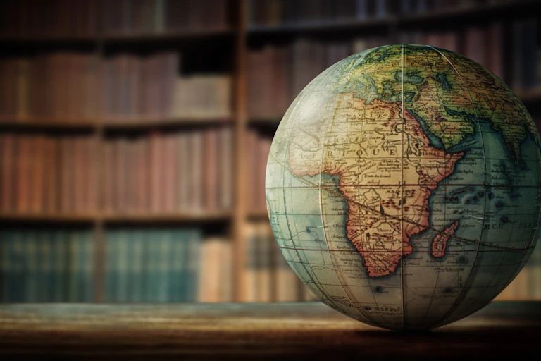 A globe sitting on a desk in front of a shelf of books.
