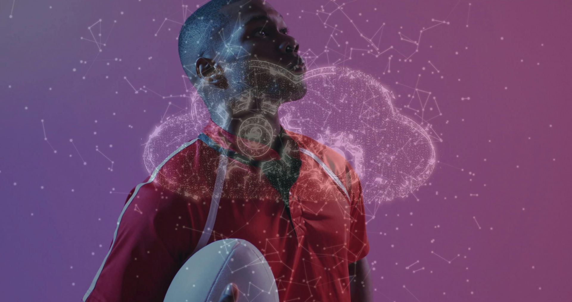 Illustration d'un sportif, un ballon de rugby à la main, sur lequel on devine l'ombre d'un cerveau.