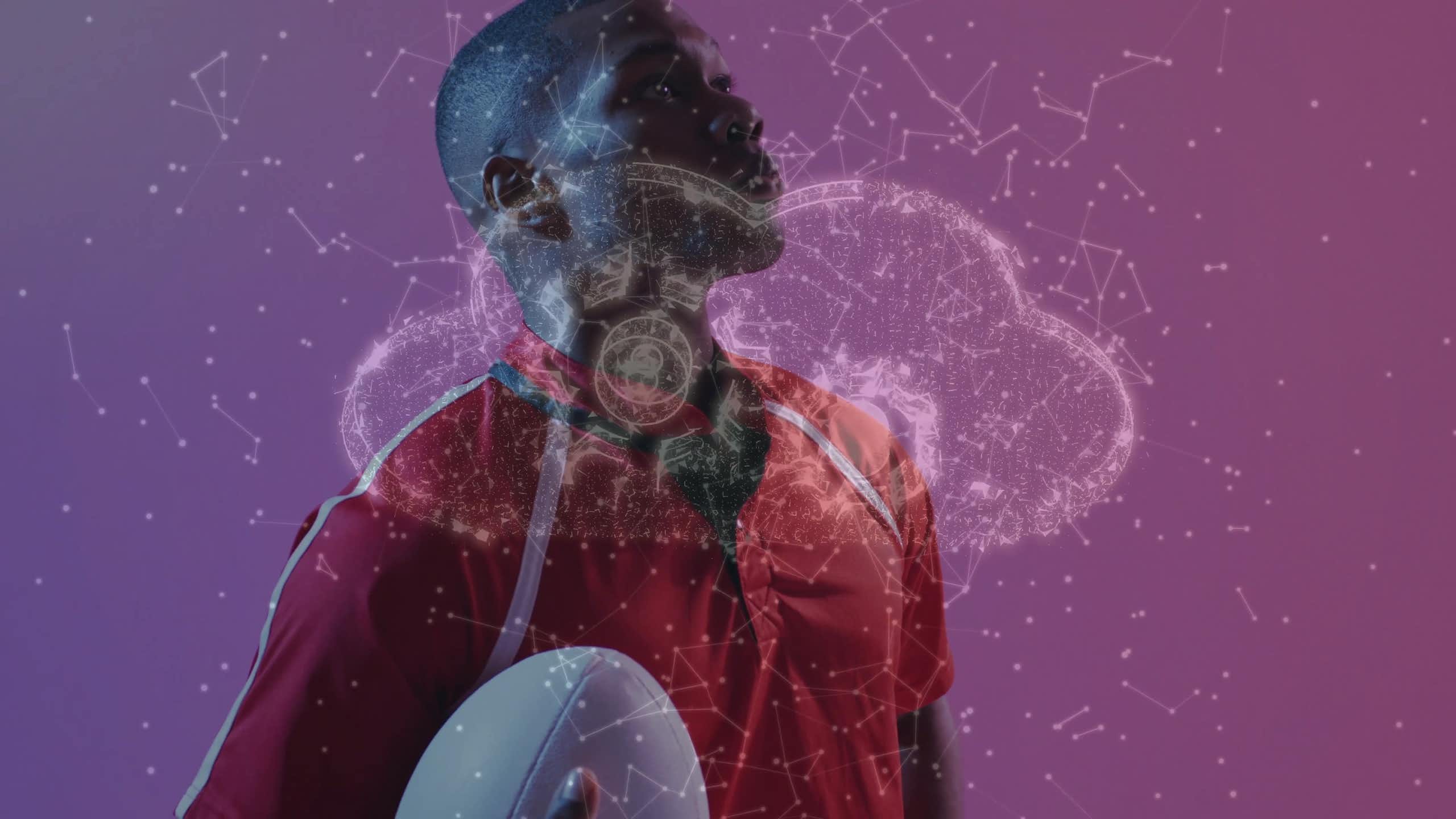 Illustration d'un sportif, un ballon de rugby à la main, sur lequel on devine l'ombre d'un cerveau.