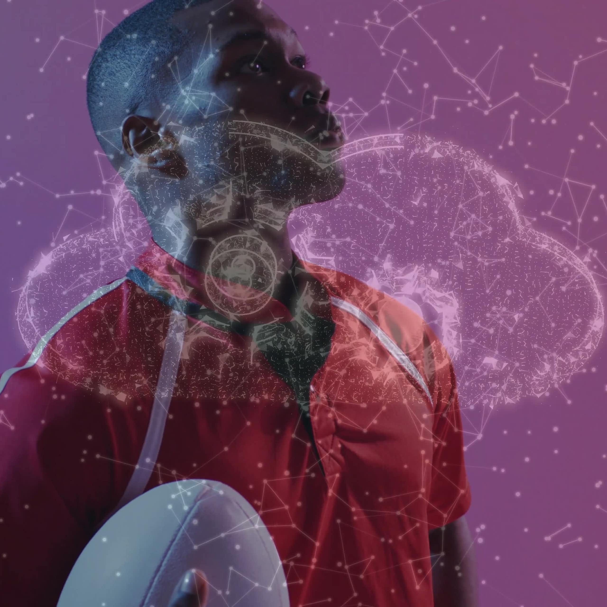 Illustration d'un sportif, un ballon de rugby à la main, sur lequel on devine l'ombre d'un cerveau.